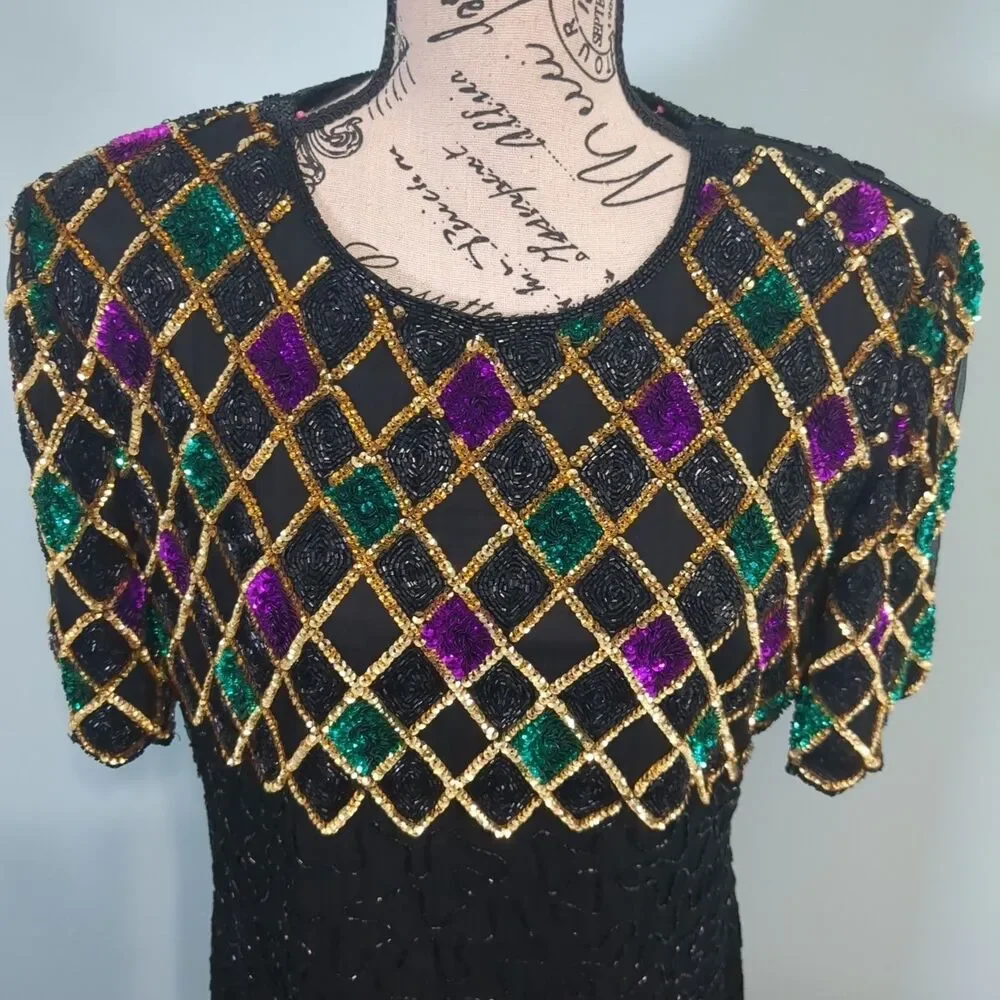 Mark & John by Gopal Silk Dress large Black Sequin Beaded Evening Cocktail Gown